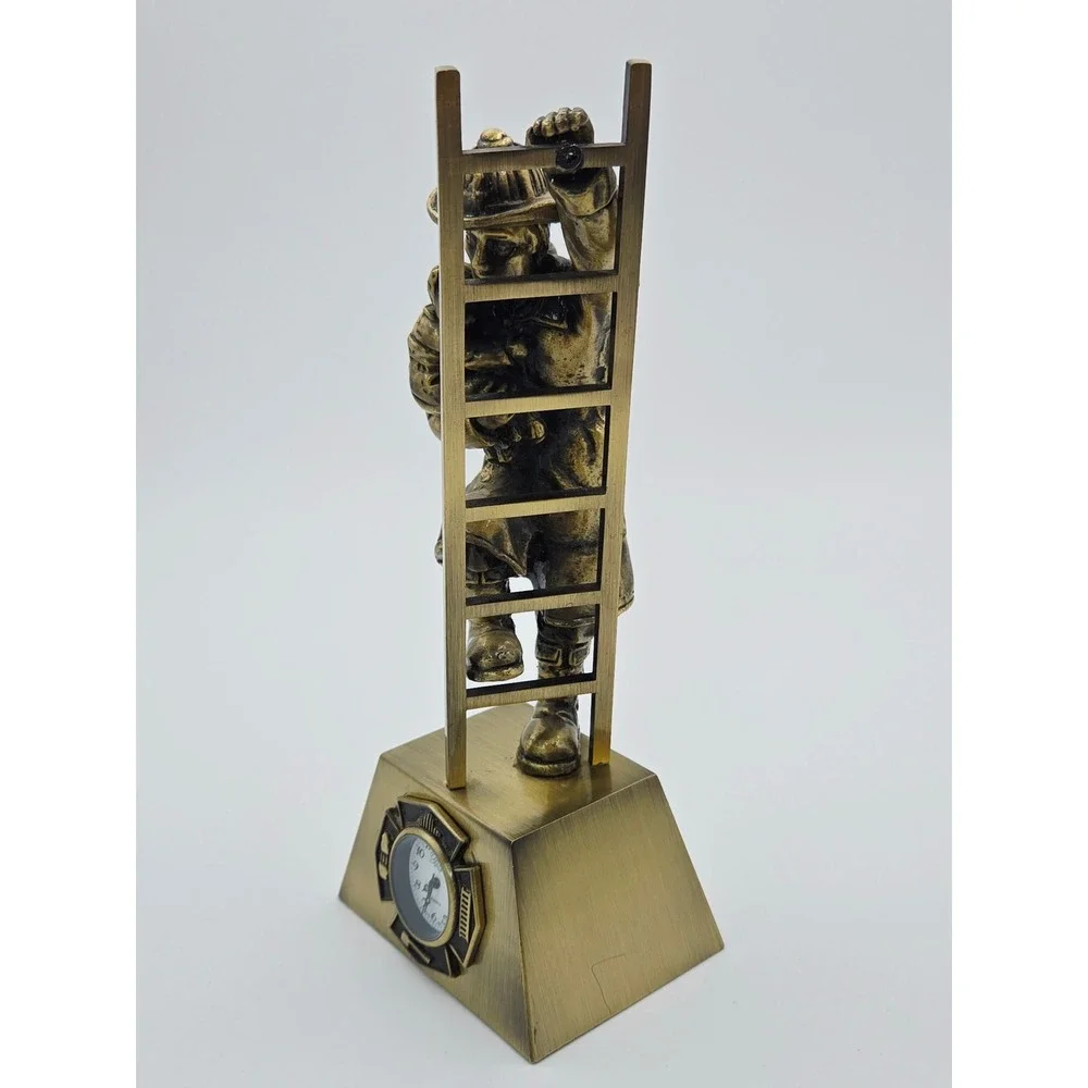 Firefighter Figurine Desk Clock Bronze‎ Fireman Ladder Rescue 6